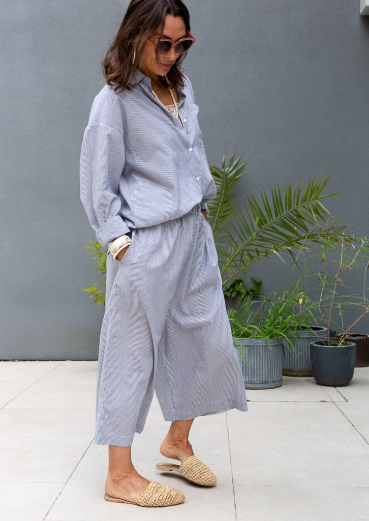 woman's indigo stripe shirt