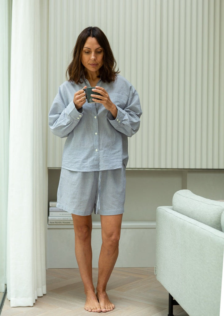 blue striped shorts