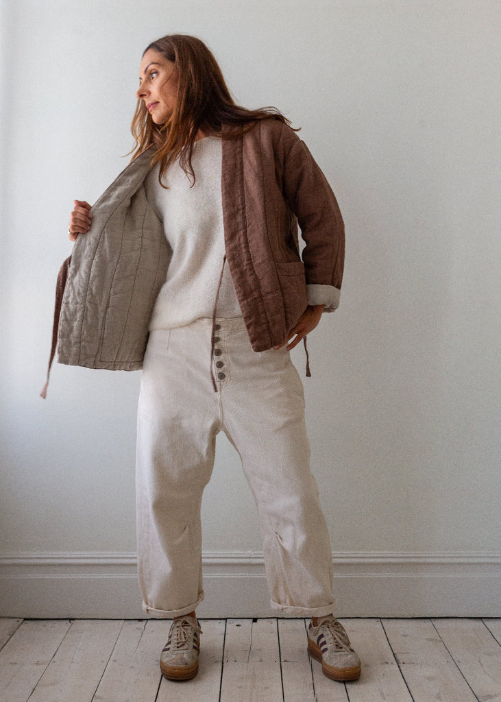brown padded linen kimono jacket