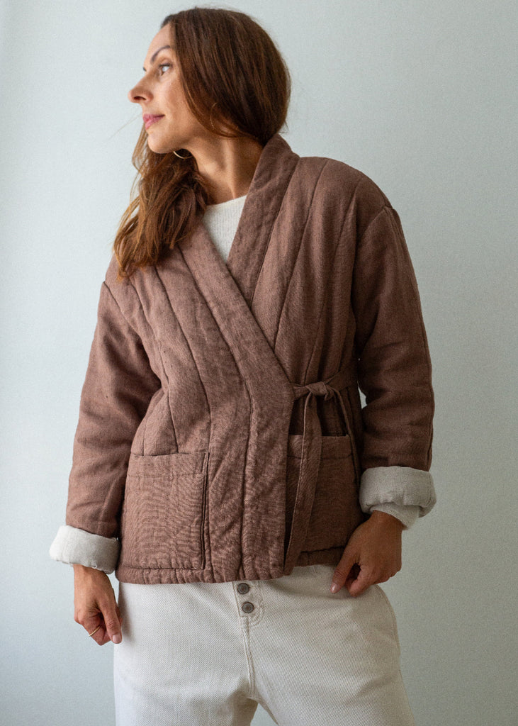 brown padded linen kimono jacket