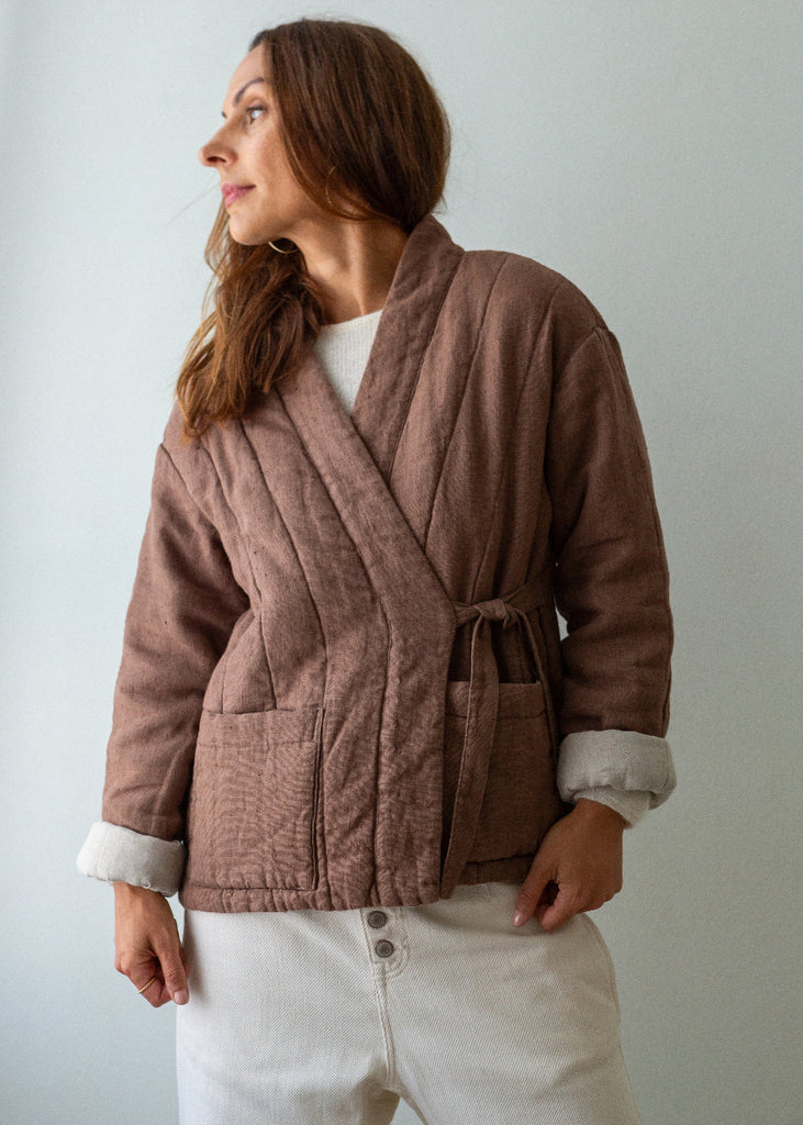 brown padded linen kimono jacket