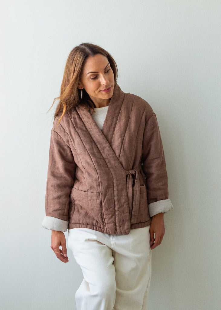 brown padded linen kimono jacket
