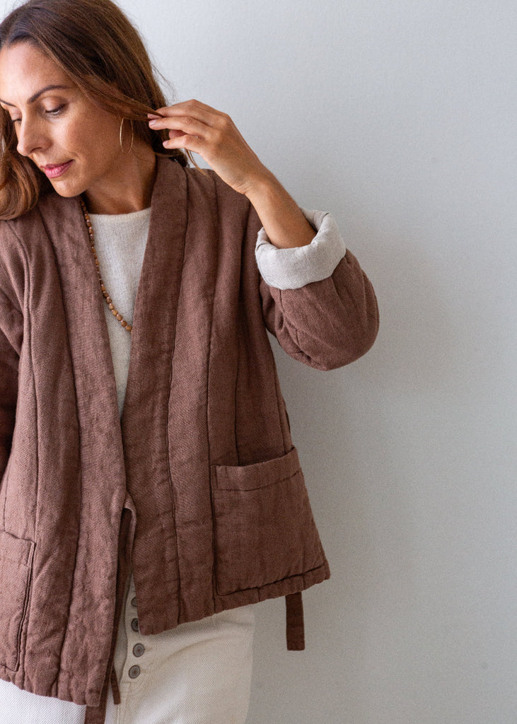 brown padded linen kimono jacket