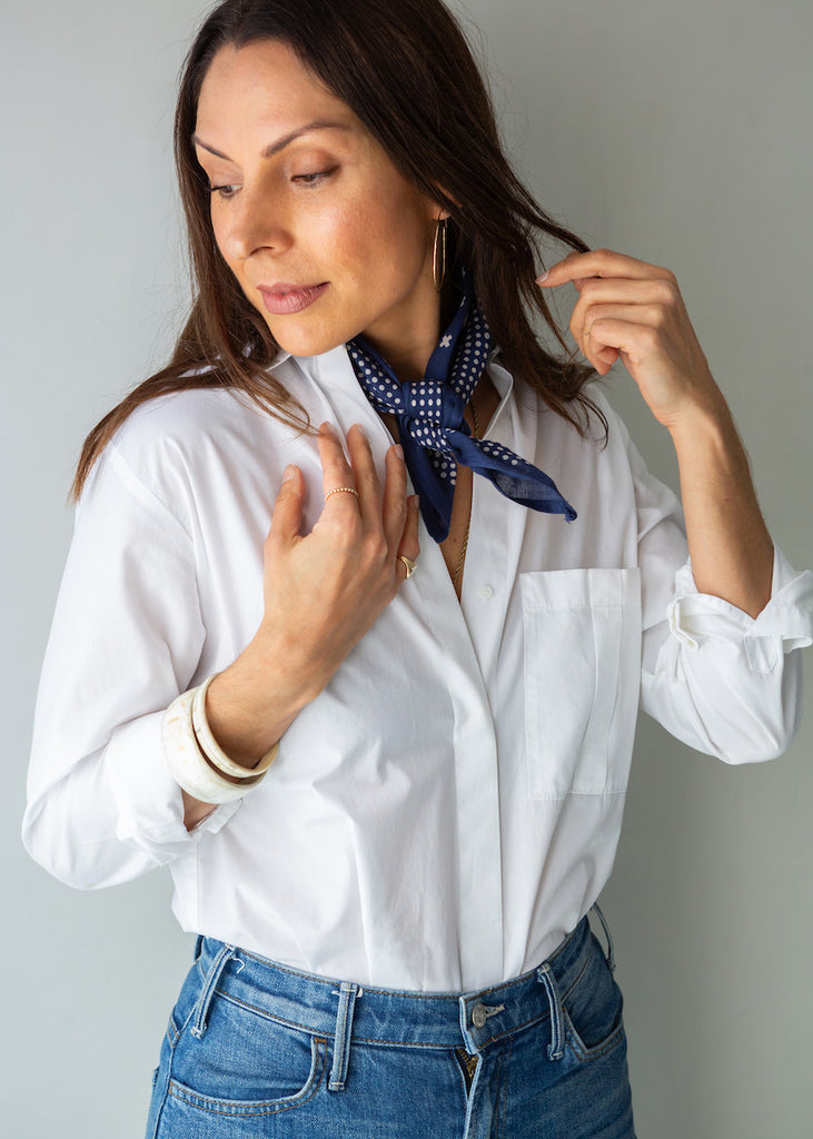 Handmade Indian Organic Cotton Block Printed Indigo Bandana, styled as a neck scarf