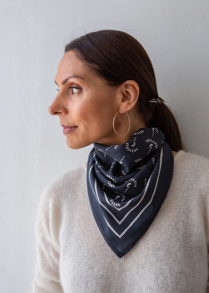 Handmade Indian Organic Cotton Block Printed Black Bandana, styled as a neck scarf