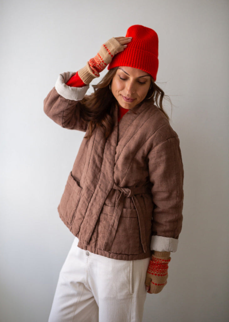 brown padded linen kimono jacket