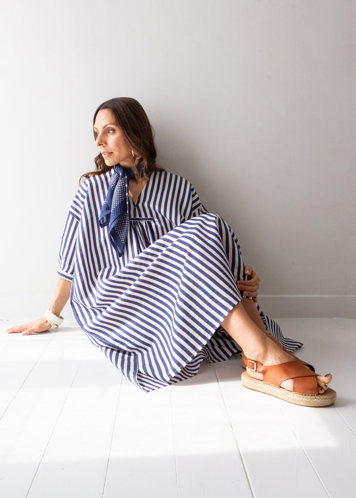 soft lightweight blue stripe dress in organic cotton and silk, durable and modern