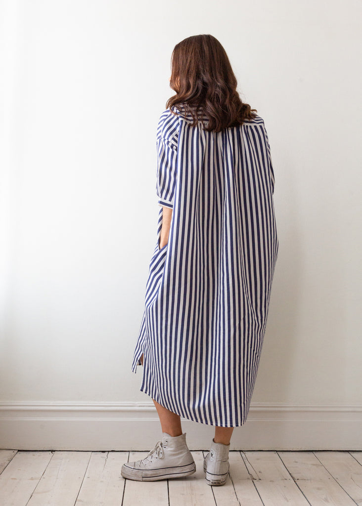 soft lightweight indigo stripe dress in organic cotton and silk, elegant and flattering