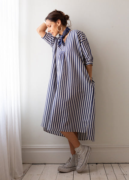 soft lightweight indigo stripe dress in organic cotton and silk, durable and modern