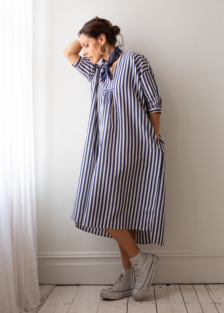 soft lightweight indigo stripe dress in organic cotton and silk, durable and modern