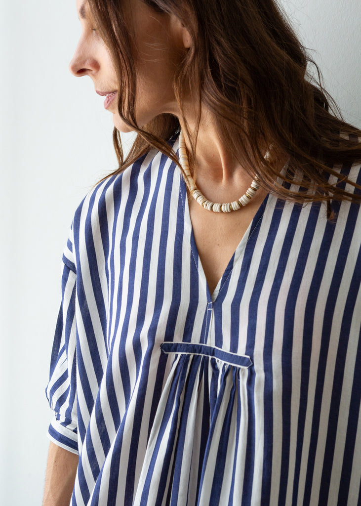 soft lightweight indigo stripe dress in organic cotton and silk with ruched panel