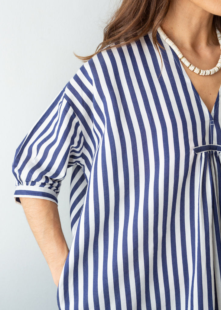soft lightweight indigo stripe dress in organic cotton and silk, durable and modern