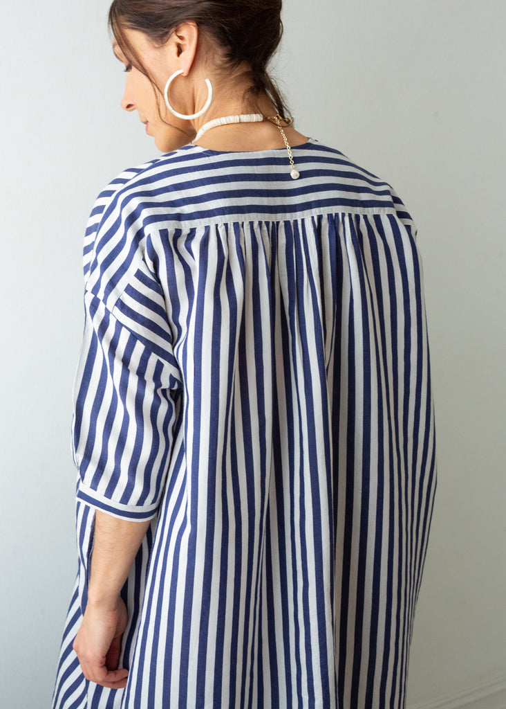 soft lightweight indigo stripe dress in organic cotton and silk, durable and modern