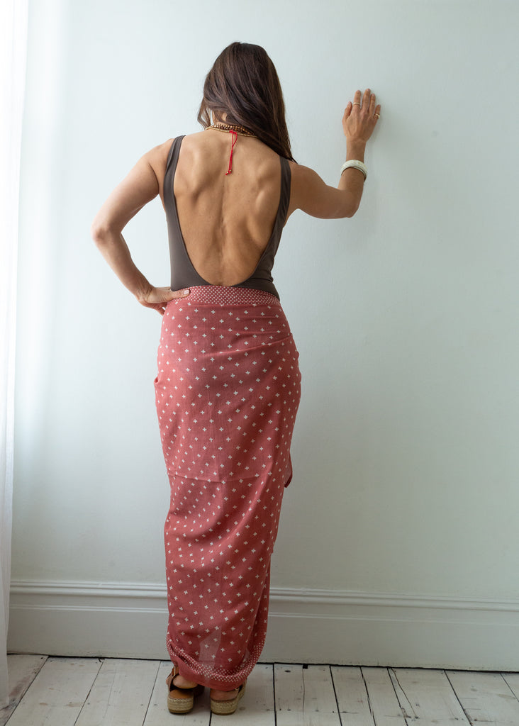Handmade Indian Organic Cotton Block Printed Clay Pink Sarong / scarf worn as a skirt