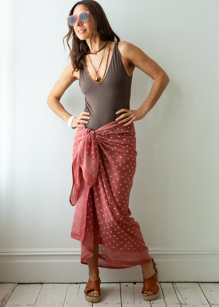 Handmade Indian Organic Cotton Block Printed Clay Pink Sarong / scarf worn as a skirt