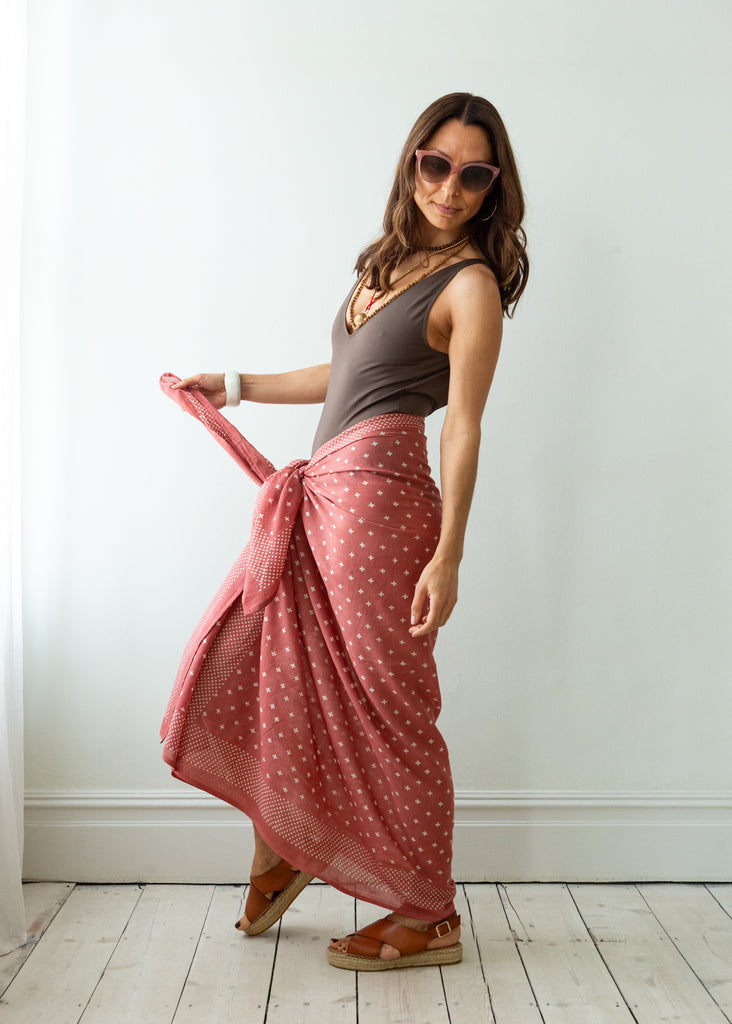 Handmade Indian Organic Cotton Block Printed Clay Pink Sarong / scarf worn as a skirt