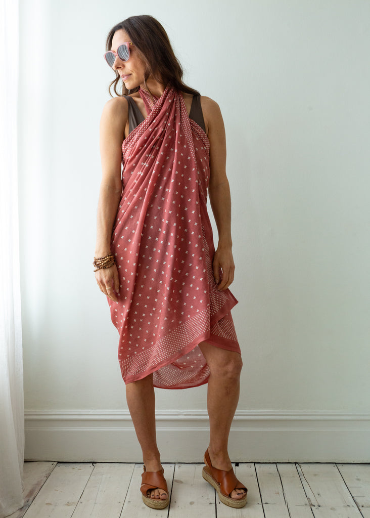 Handmade Indian Organic Cotton Block Printed Clay Pink Sarong / scarf worn as a dress