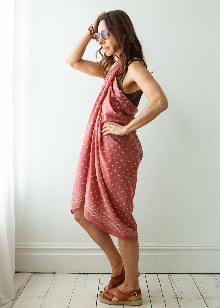 Handmade Indian Organic Cotton Block Printed Clay Pink Sarong / scarf worn as a dress