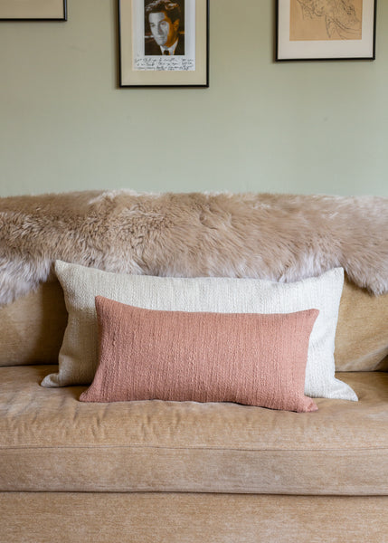 Small rectangular cushion in clay pink slubby cotton, premium textured fabric ideal for layering