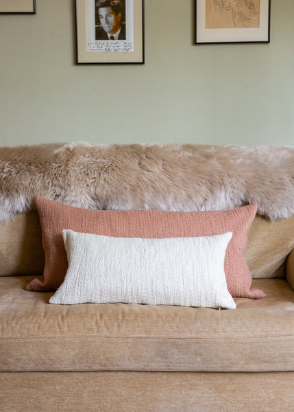 Small rectangular cushion in almond beige, slubby cotton, premium textured fabric ideal for layering