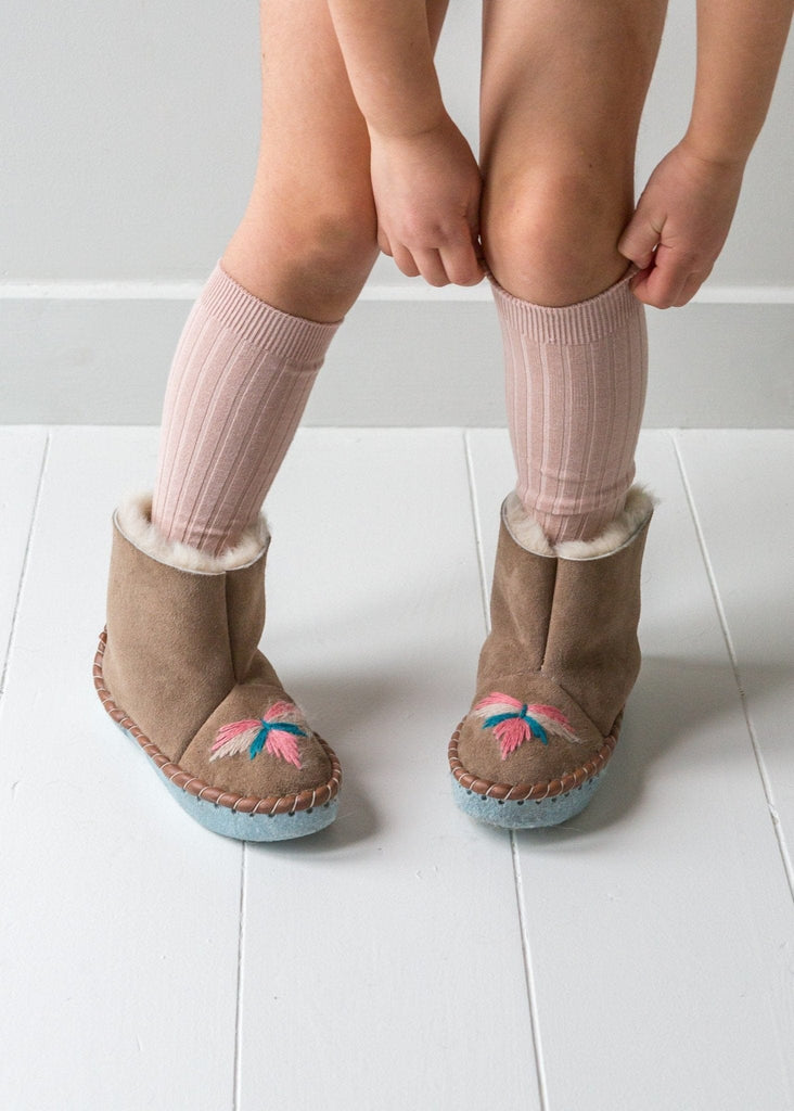 Children's Sheepskin Moccasin Slipper Boots, Pale Pepto Pink - The Small Home, UK, Warm & cosy fur slippers, for boys & girls