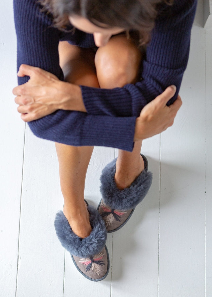 Women's Sheepskin Slipper Mules Grey. The Small Home Ladies Real Fur Slippers. UK Slippers. Cosy & warm slippers. Best gift.