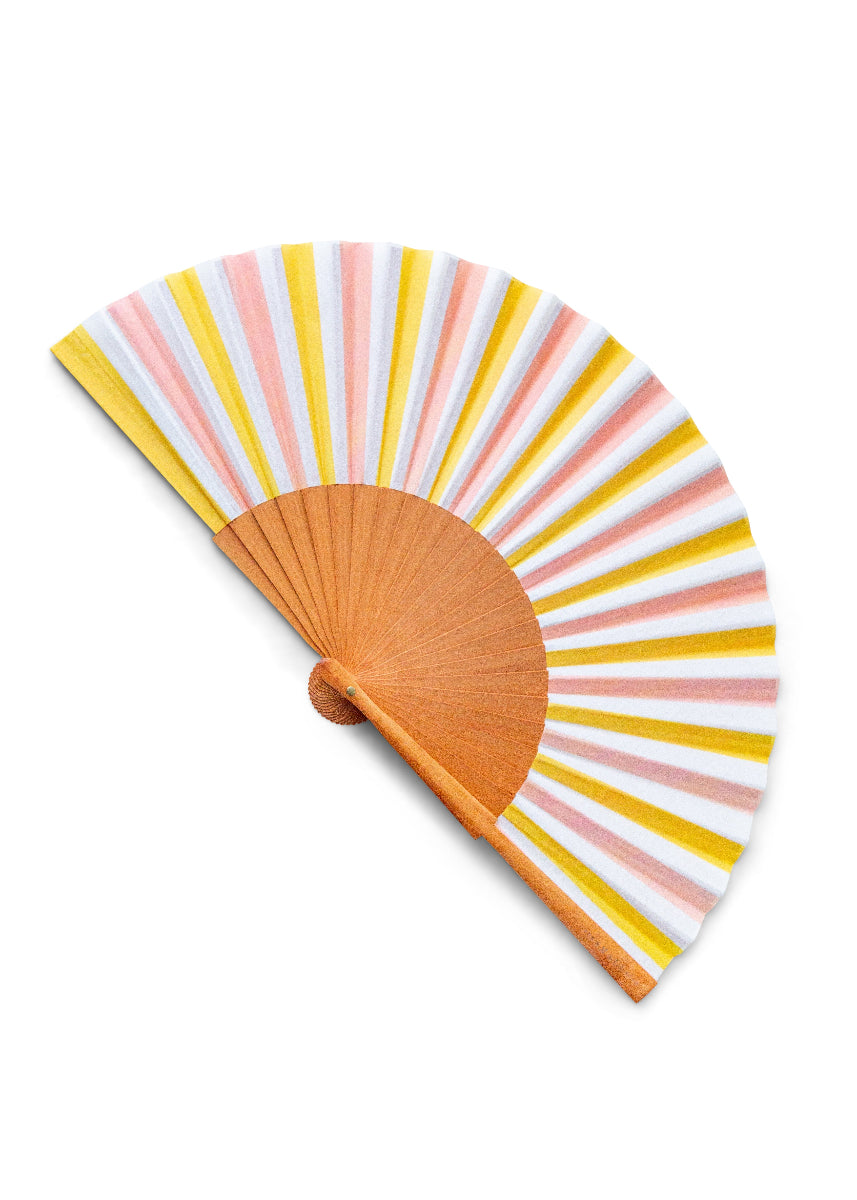 Handheld fan with colorful striped design on a white background