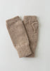 A pair of beige knit leg warmers with ribbed cuffs, laid flat on a light gray background.