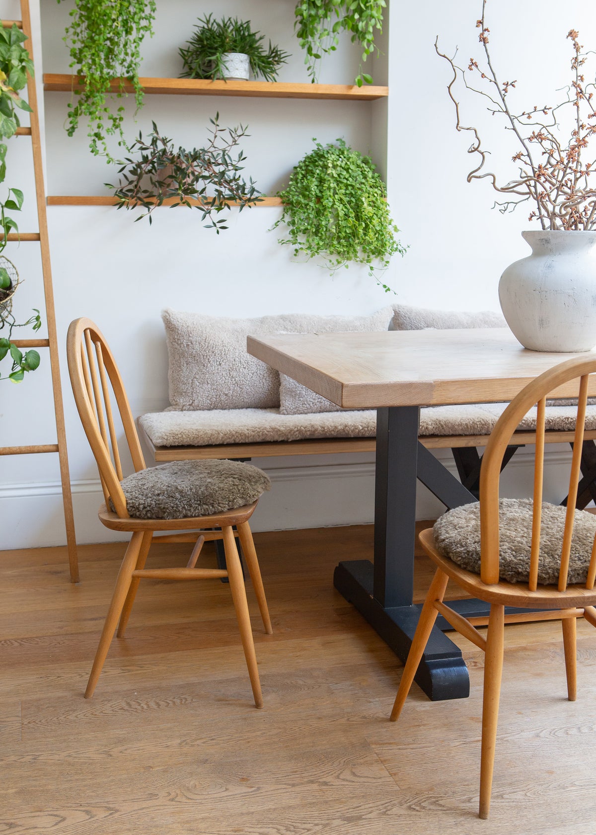 A modern dining area featuring a light wood table with a black trestle base, surrounded by two wooden spindle-back chairs with textured gray bouclé cushions. A built-in wooden bench with matching cushions is set against a white wall with open wooden shelves holding green plants.