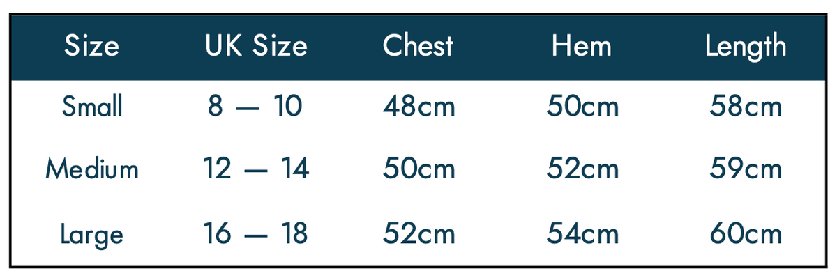 Size and measurements table