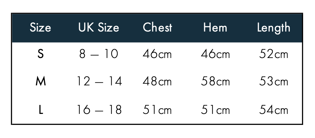 Size and measurements table