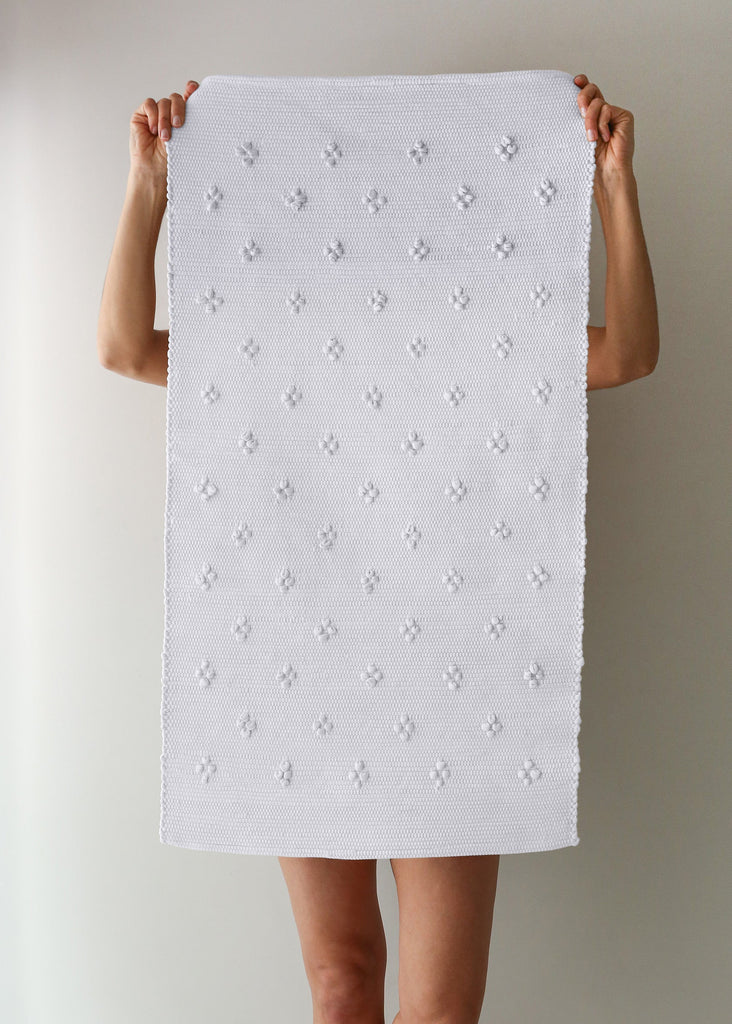 Person holding a white textured bath mat against a plain background