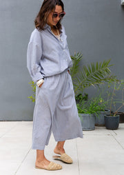 woman's indigo stripe shirt
