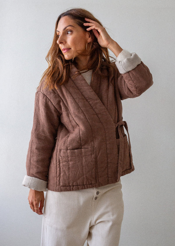 Quilted Linen Kimono Jacket - Hazelnut