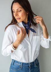 Handmade Indian Organic Cotton Block Printed Indigo Bandana, styled as a neck scarf