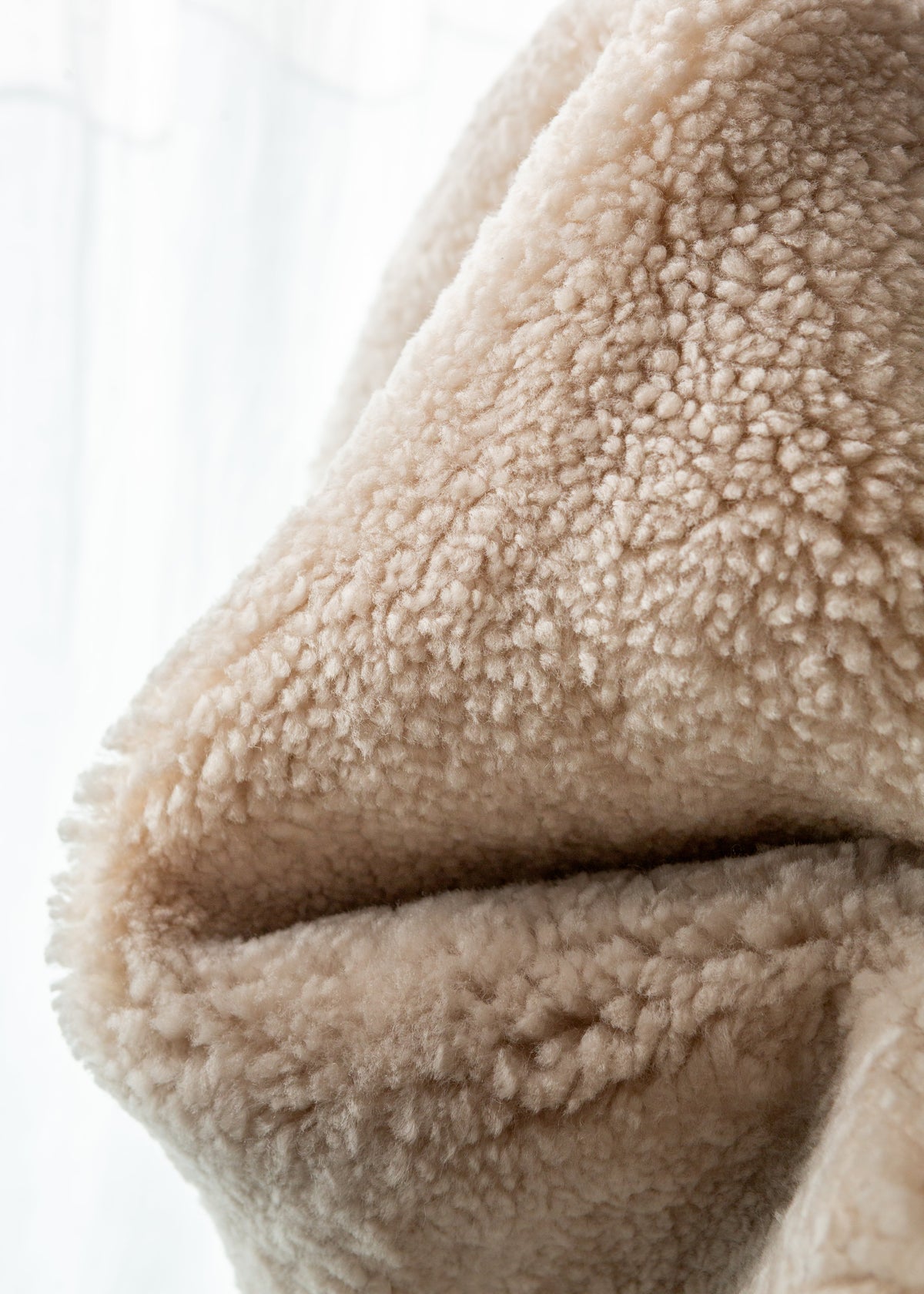 Close-up of beige sherpa fabric texture on a white background