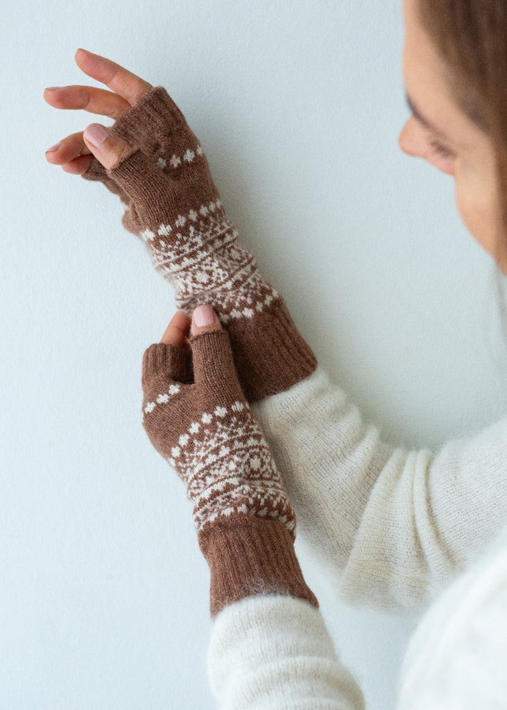 Brown Fair Isle wrist warmers