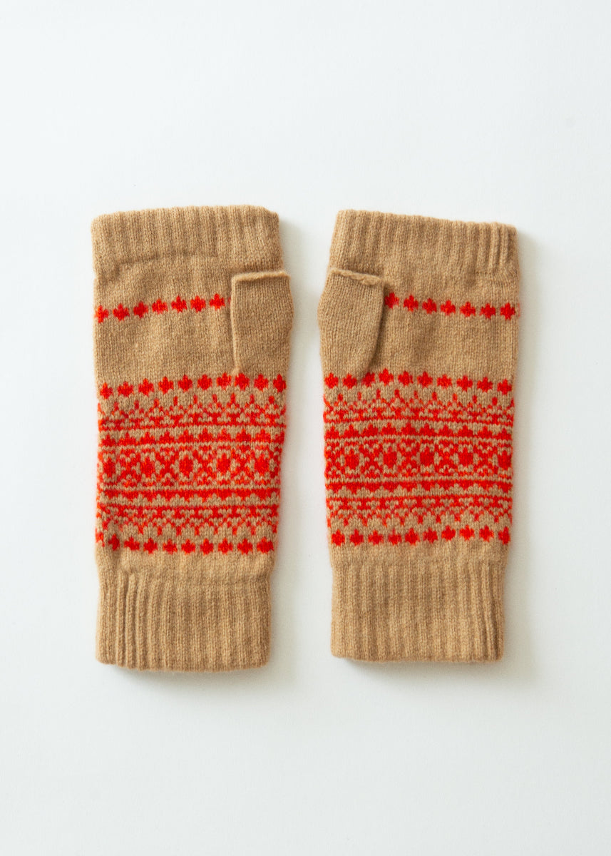Red and beige wrist warmers