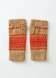 Red and beige wrist warmers
