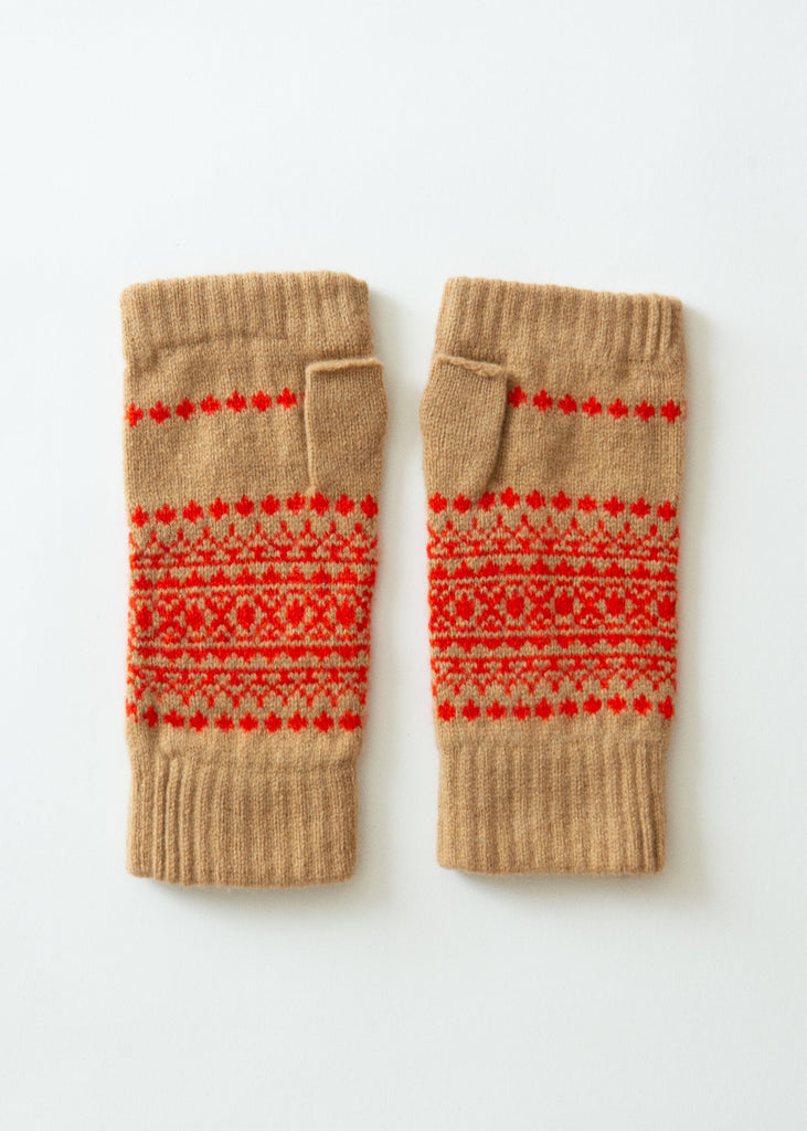 Red and beige wrist warmers