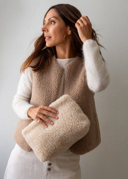 cream fur clutch bag