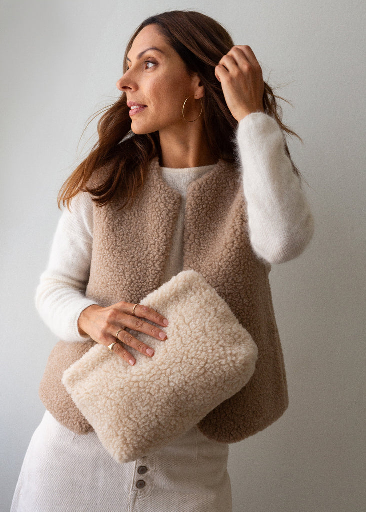 cream fur clutch bag