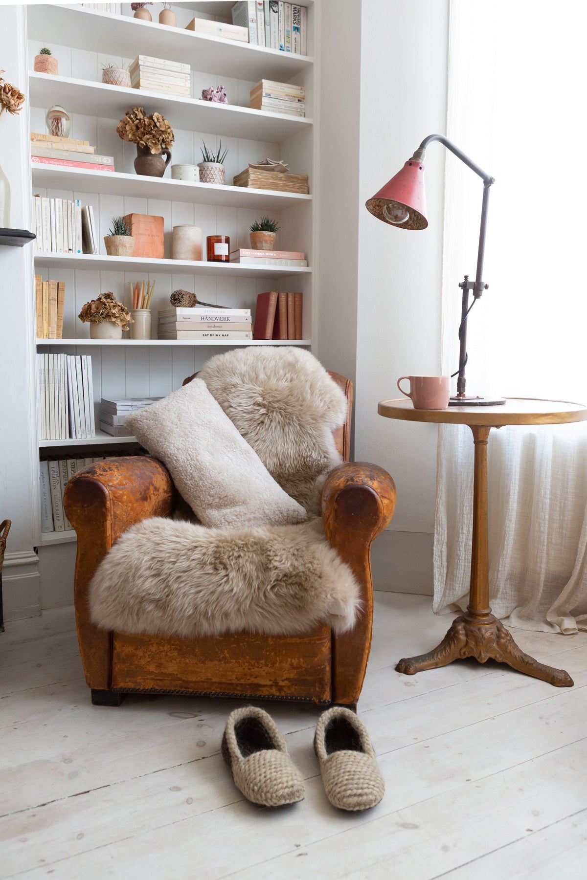 Sheepskin cushion styled on chair