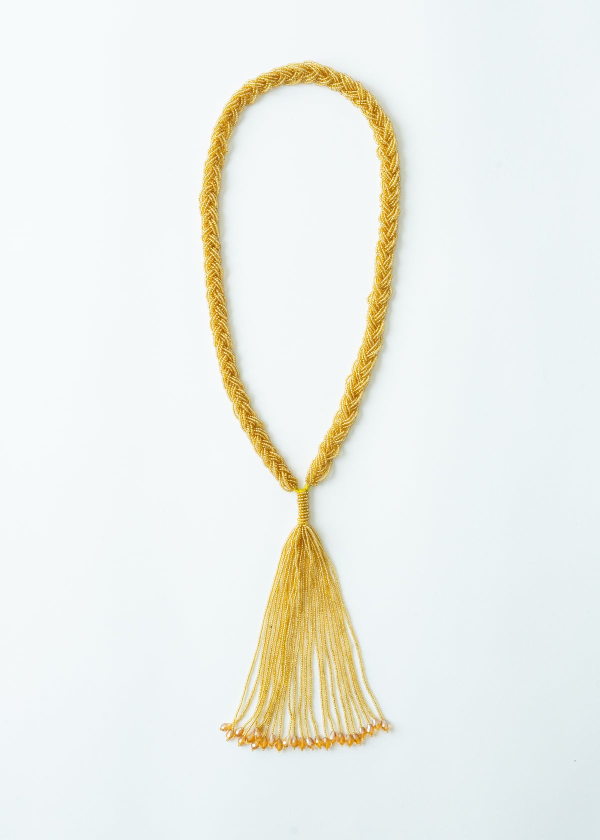 Long Plaited Beaded Tassel Necklace - Gold