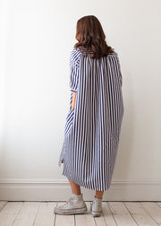 soft lightweight indigo stripe dress in organic cotton and silk, elegant and flattering