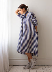 soft lightweight indigo stripe dress in organic cotton and silk, durable and modern