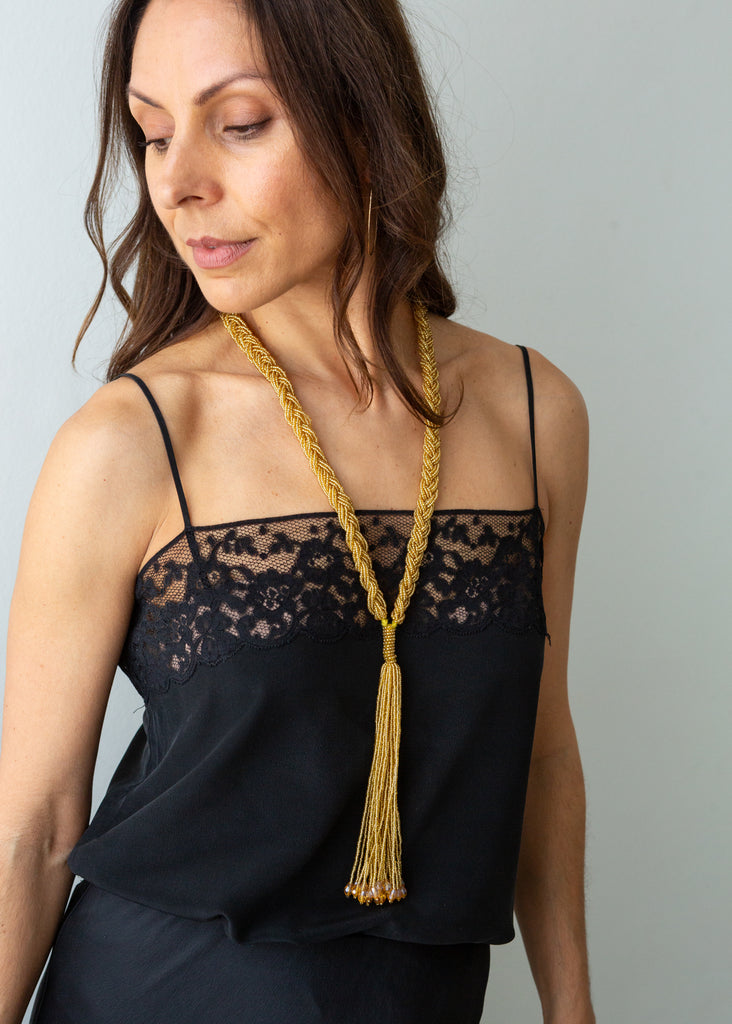 Long Plaited Beaded Tassel Necklace - Gold