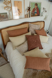 Slubby Cotton and tufted spiral cushions almond beige, mocha and clay pink 