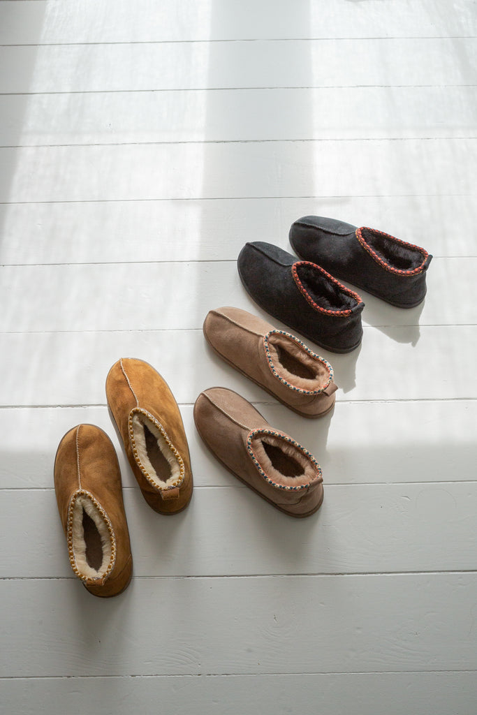 Agnes sheepskin slipper boots in coal, chestnut and pale beige – cosy handmade footwear that can be worn outside