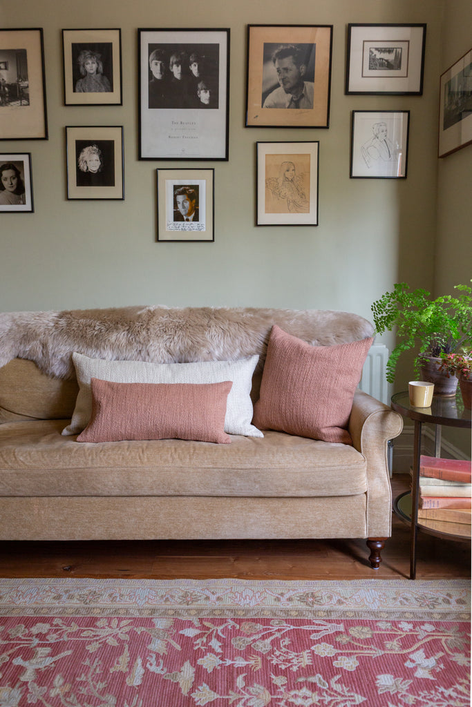 Small rectangular cushion in clay pink slubby cotton, premium textured fabric ideal for layering